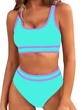 High-Waist Two-Piece Swim Set in Aqua with Lavender Trim
